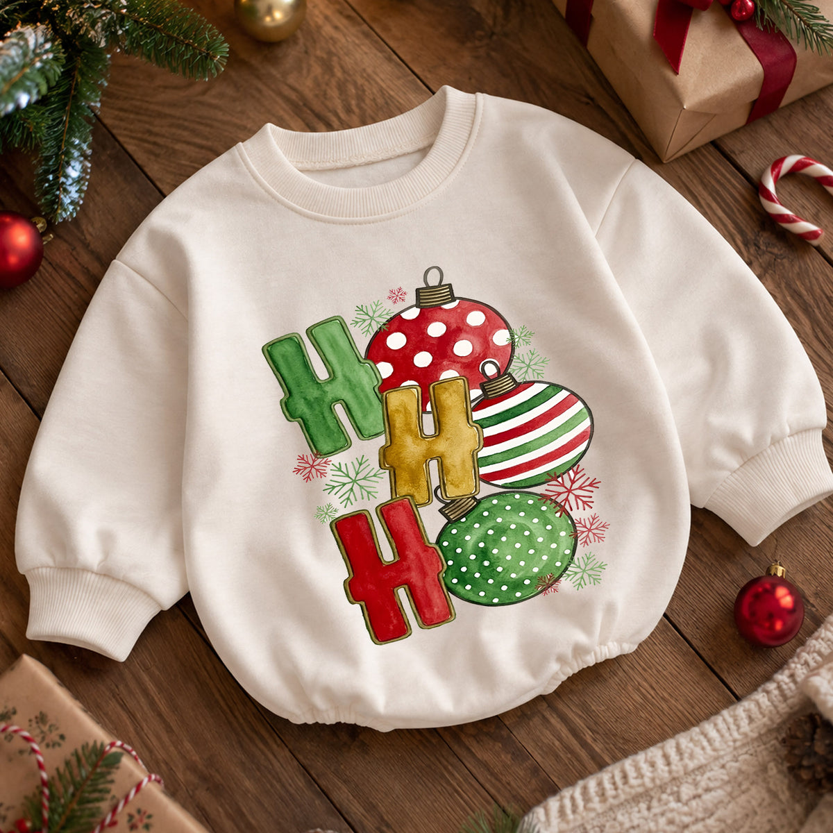 Ho Ho Ho Christmas Baby Outfit, Ornament Holiday Romper, Baby First Christmas Romper, Toddler Xmas Outfit, Classic Christmas Baby Gift — product view 5