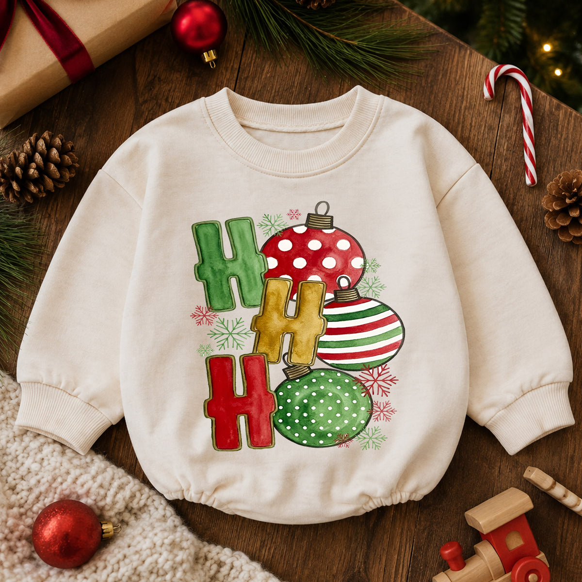 Ho Ho Ho Christmas Baby Outfit, Ornament Holiday Romper, Baby First Christmas Romper, Toddler Xmas Outfit, Classic Christmas Baby Gift — product view 6
