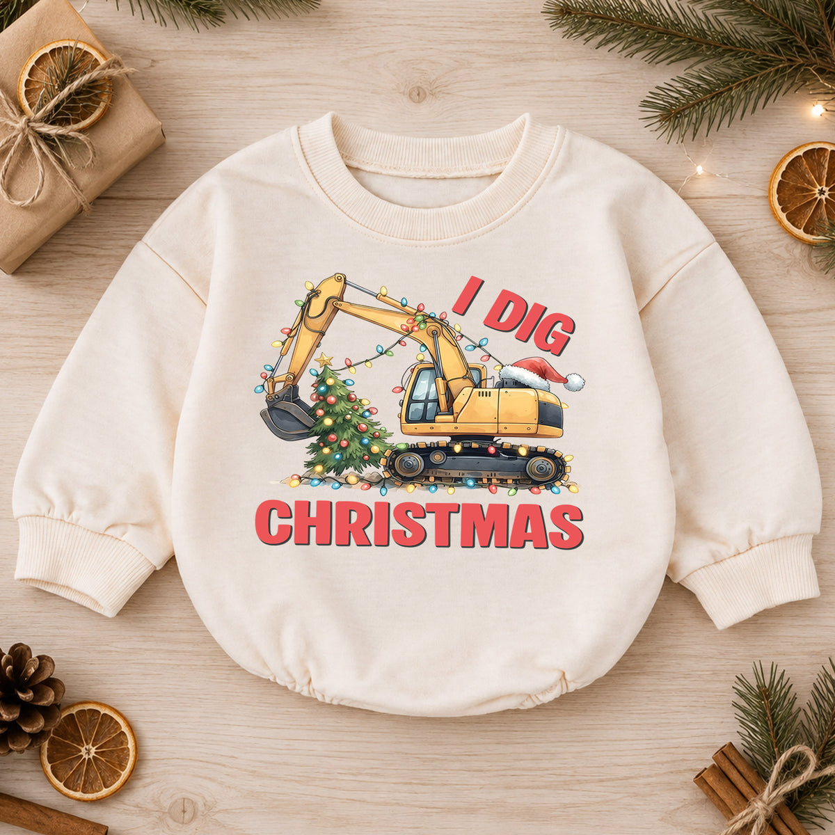 I Dig Christmas Baby Romper, Christmas Excavator Lights Outfit, Construction Toddler Holiday Romper, Cute 1st Christmas Gift for Baby — product view 1