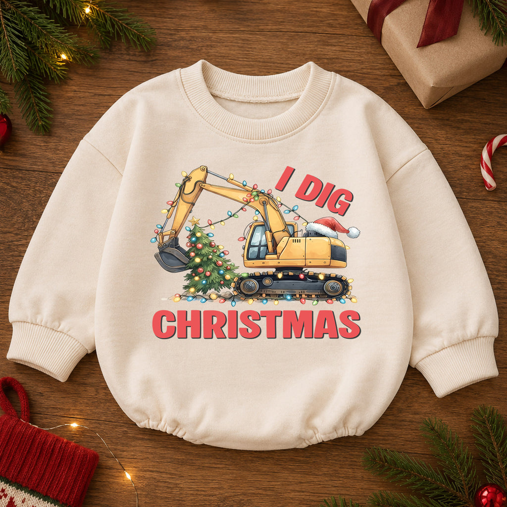 I Dig Christmas Baby Romper, Christmas Excavator Lights Outfit, Construction Toddler Holiday Romper, Cute 1st Christmas Gift for Baby — product view 2
