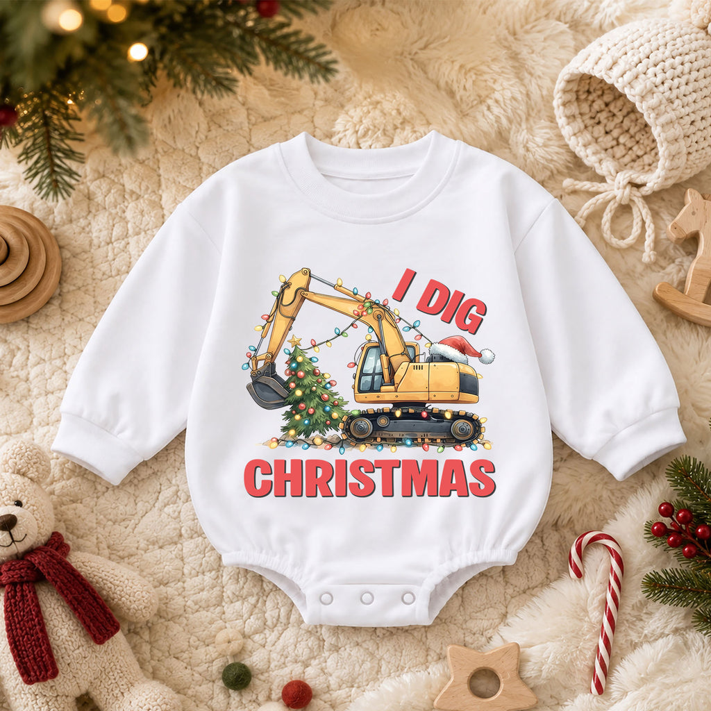 I Dig Christmas Baby Romper, Christmas Excavator Lights Outfit, Construction Toddler Holiday Romper, Cute 1st Christmas Gift for Baby — product view 3