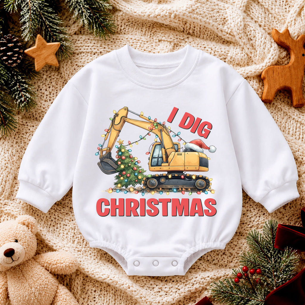 I Dig Christmas Baby Romper, Christmas Excavator Lights Outfit, Construction Toddler Holiday Romper, Cute 1st Christmas Gift for Baby — product view 4