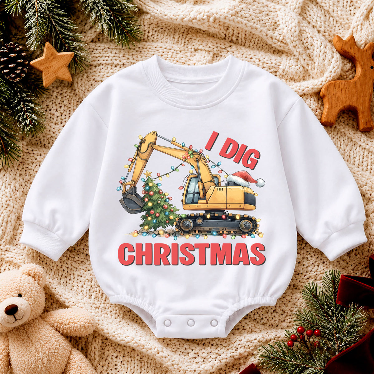 I Dig Christmas Baby Romper, Christmas Excavator Lights Outfit, Construction Toddler Holiday Romper, Cute 1st Christmas Gift for Baby — product view 4