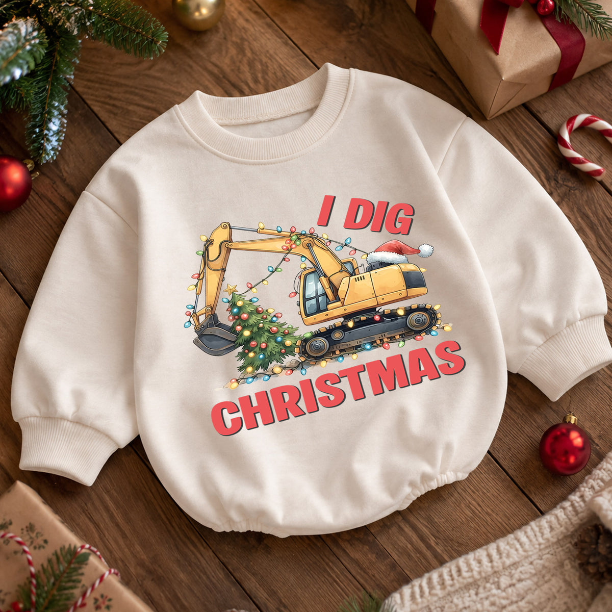 I Dig Christmas Baby Romper, Christmas Excavator Lights Outfit, Construction Toddler Holiday Romper, Cute 1st Christmas Gift for Baby — product view 5