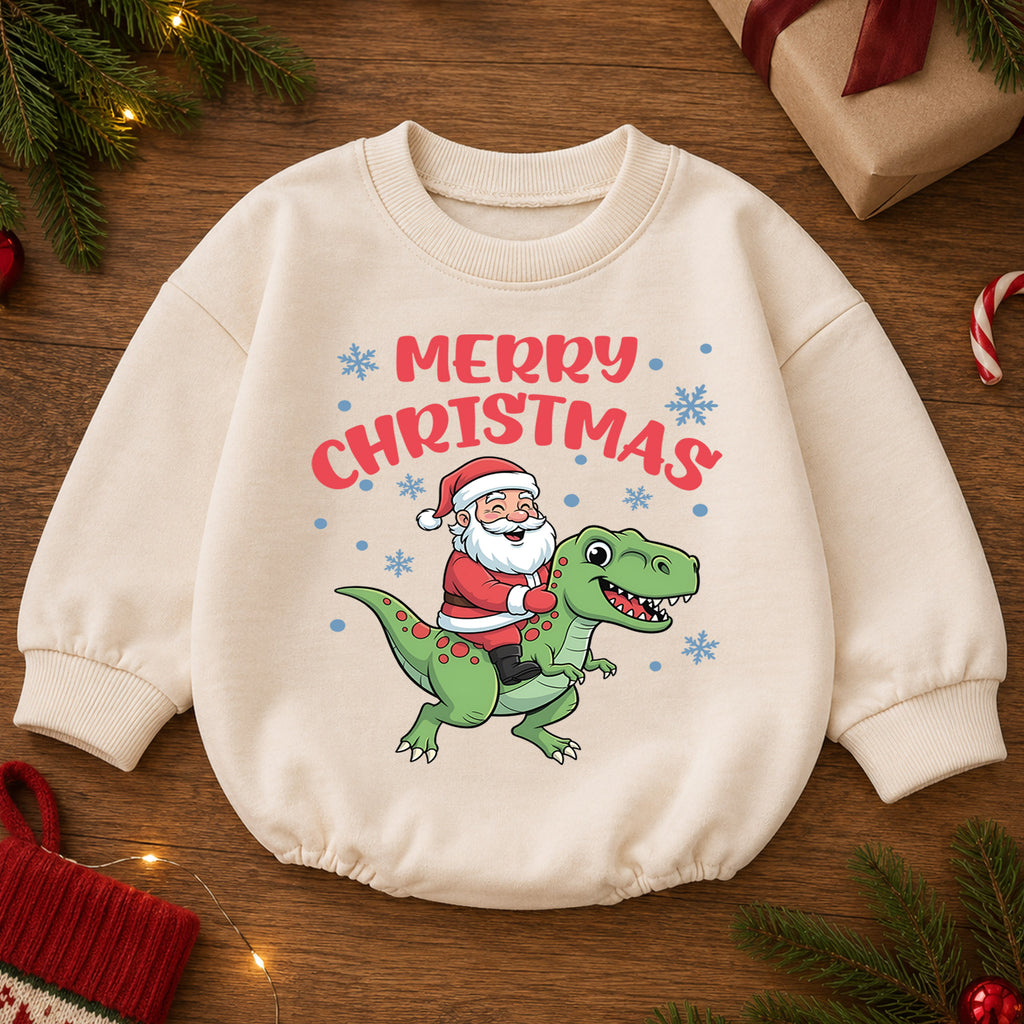 Dinosaur Christmas Baby Outfit, Santa T Rex Christmas Romper, Baby Holiday Outfit, Toddler Christmas Romper, Xmas Baby Gift — product view 2