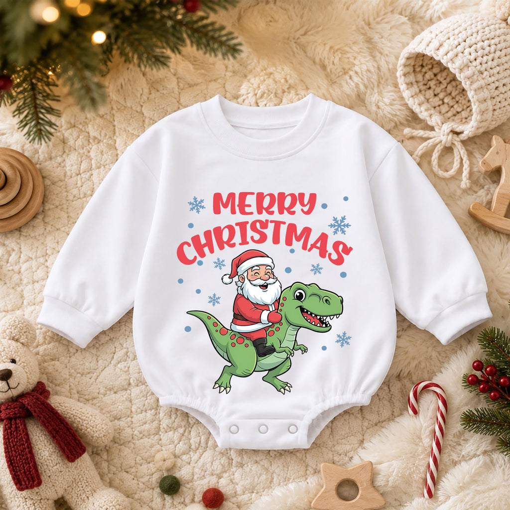 Dinosaur Christmas Baby Outfit, Santa T Rex Christmas Romper, Baby Holiday Outfit, Toddler Christmas Romper, Xmas Baby Gift — product view 3