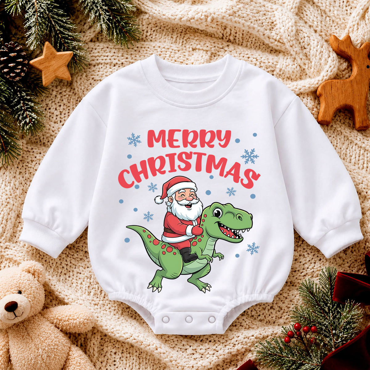 Dinosaur Christmas Baby Outfit, Santa T Rex Christmas Romper, Baby Holiday Outfit, Toddler Christmas Romper, Xmas Baby Gift — product view 4