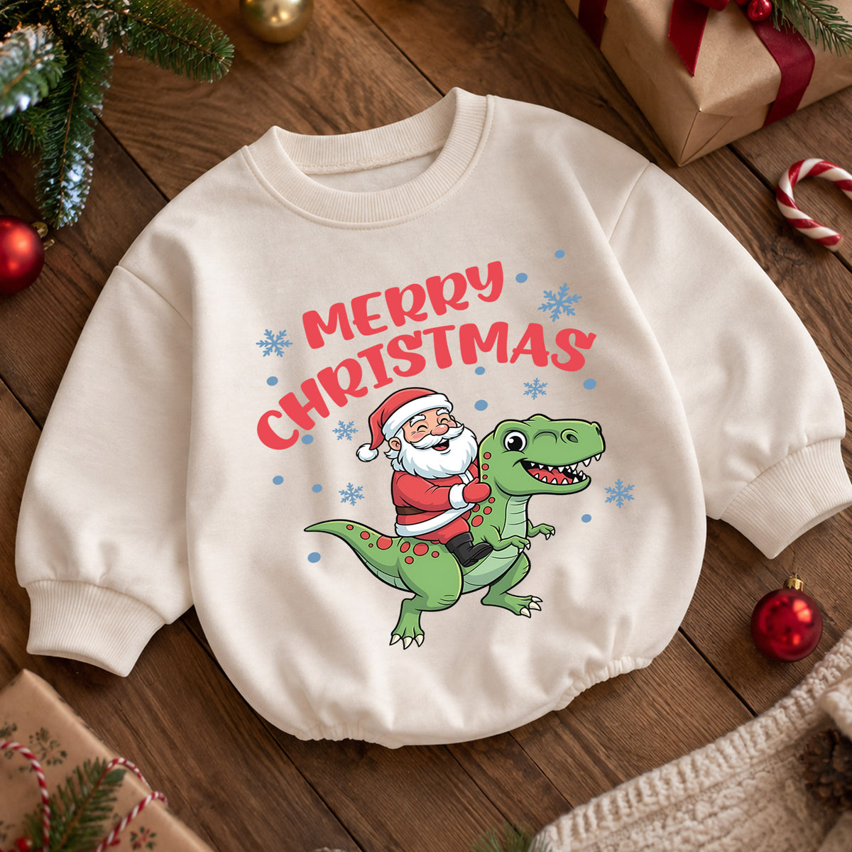 Dinosaur Christmas Baby Outfit, Santa T Rex Christmas Romper, Baby Holiday Outfit, Toddler Christmas Romper, Xmas Baby Gift — product view 5