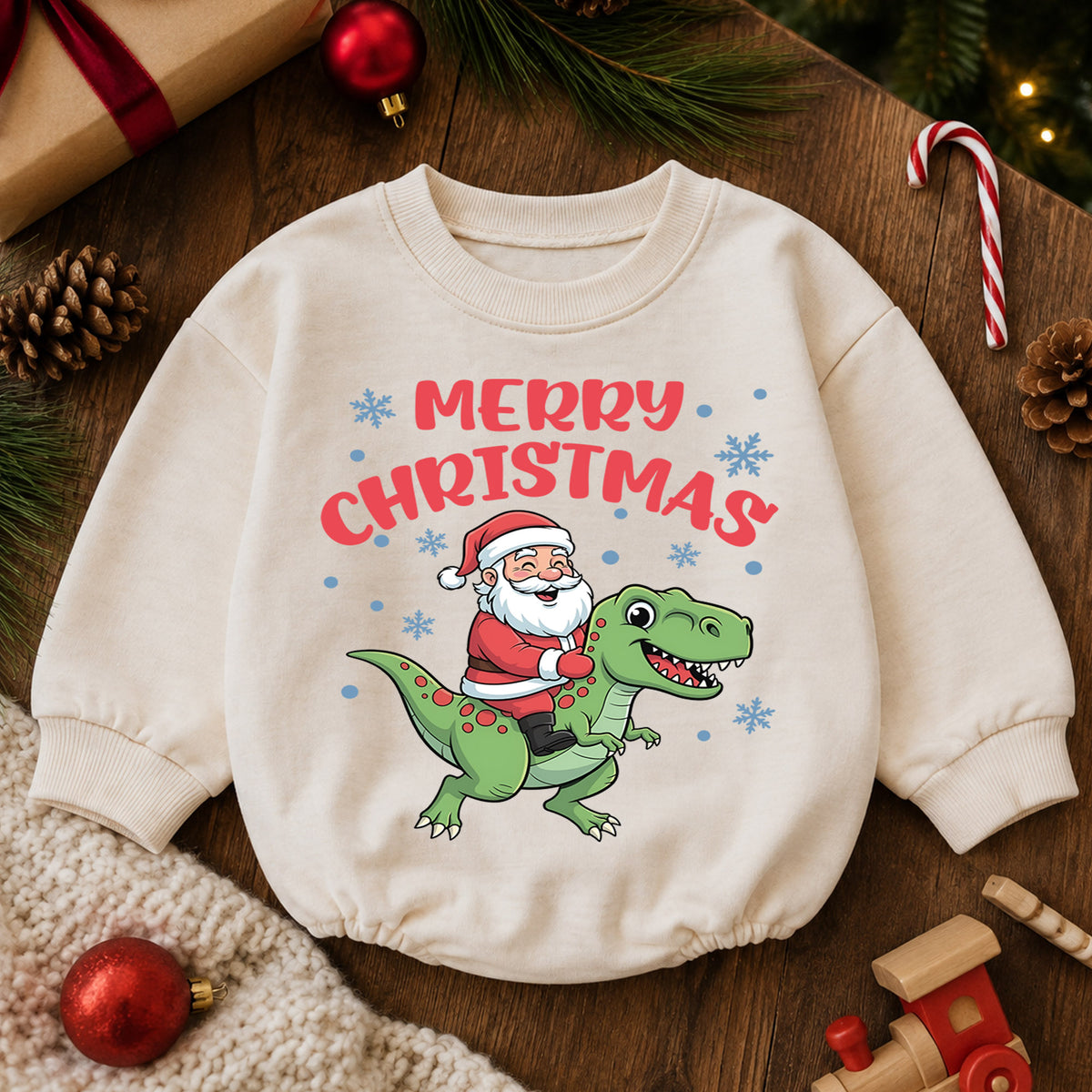 Dinosaur Christmas Baby Outfit, Santa T Rex Christmas Romper, Baby Holiday Outfit, Toddler Christmas Romper, Xmas Baby Gift — product view 6