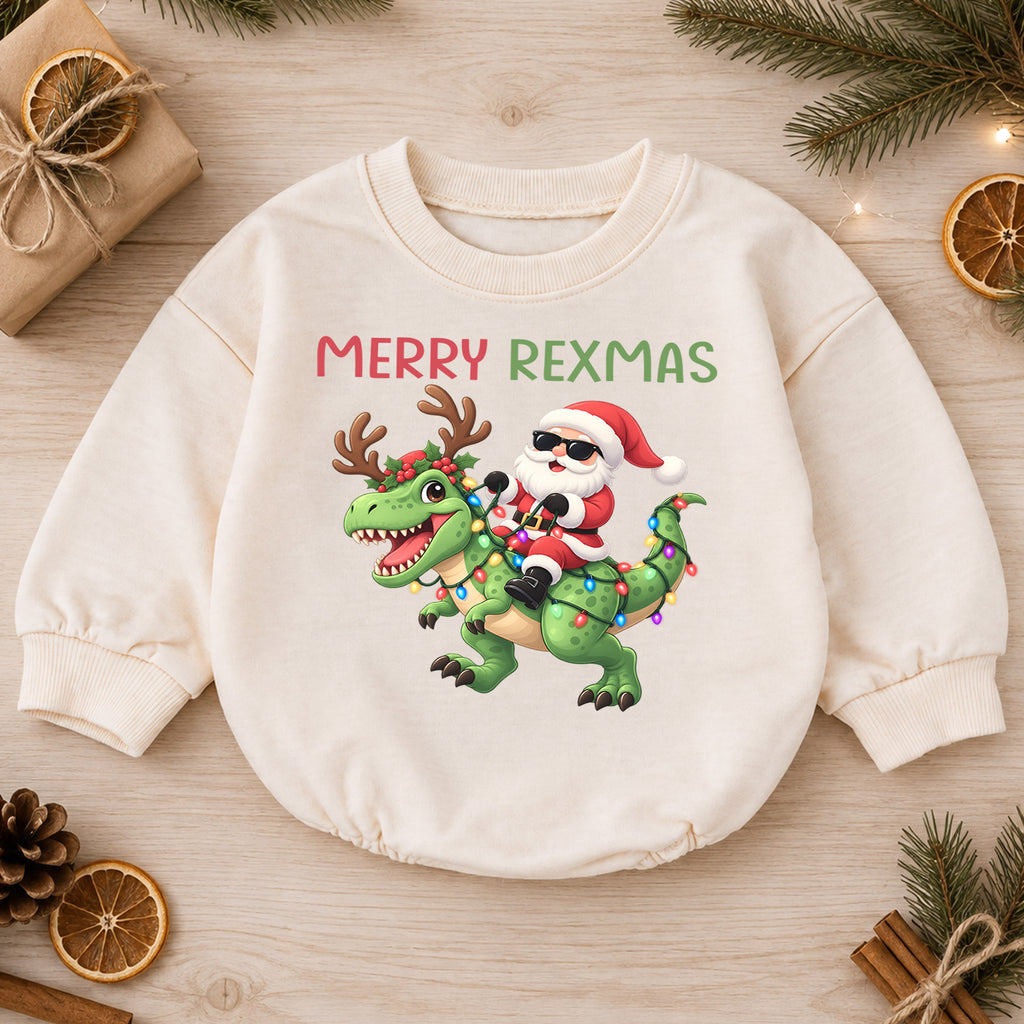 Merry Rexmas Baby Romper, Santa Dinosaur Christmas Outfit, Funny T Rex Holiday Romper, Dinosaur Christmas Baby Gift — product view 1