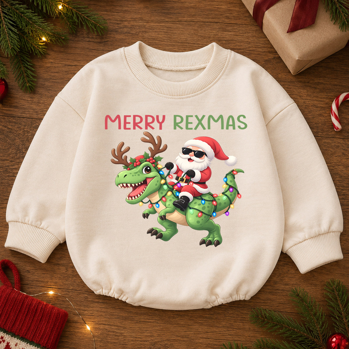 Merry Rexmas Baby Romper, Santa Dinosaur Christmas Outfit, Funny T Rex Holiday Romper, Dinosaur Christmas Baby Gift — product view 2