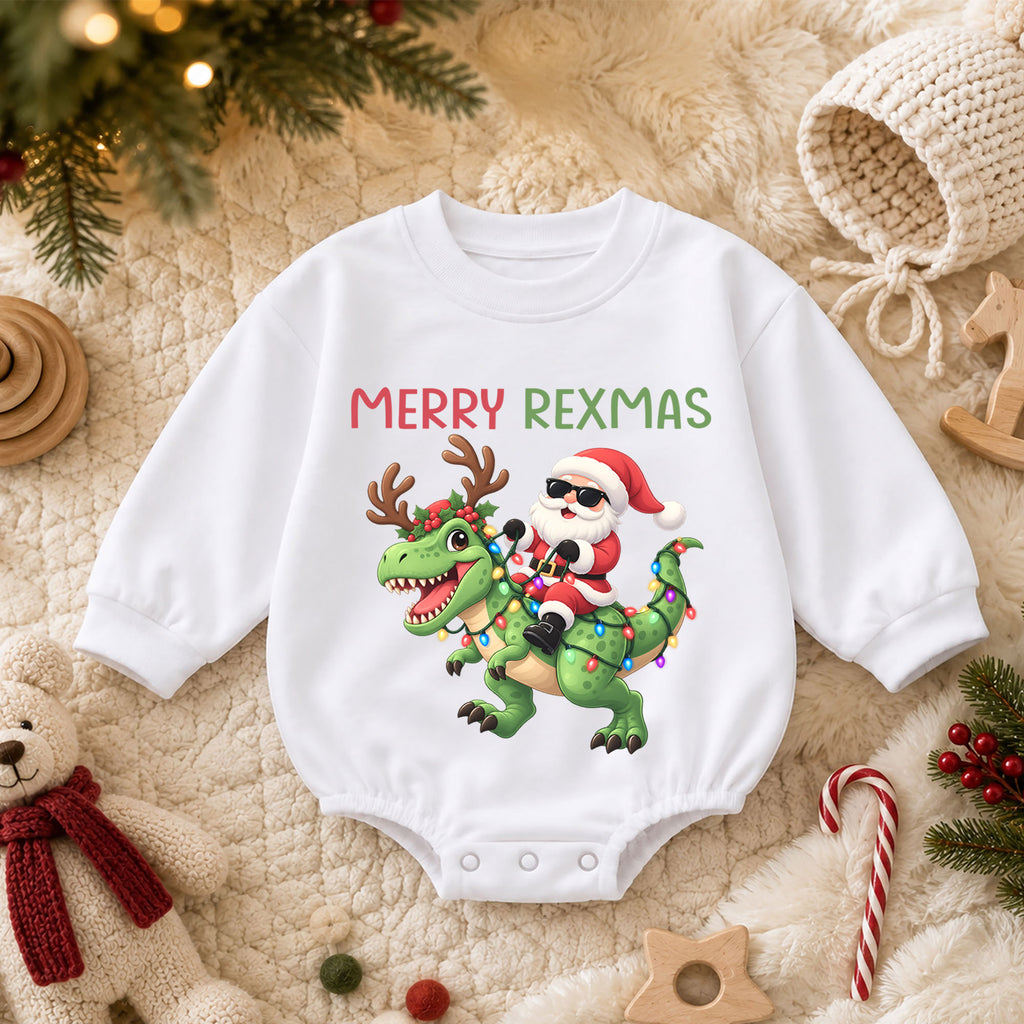 Merry Rexmas Baby Romper, Santa Dinosaur Christmas Outfit, Funny T Rex Holiday Romper, Dinosaur Christmas Baby Gift — product view 3