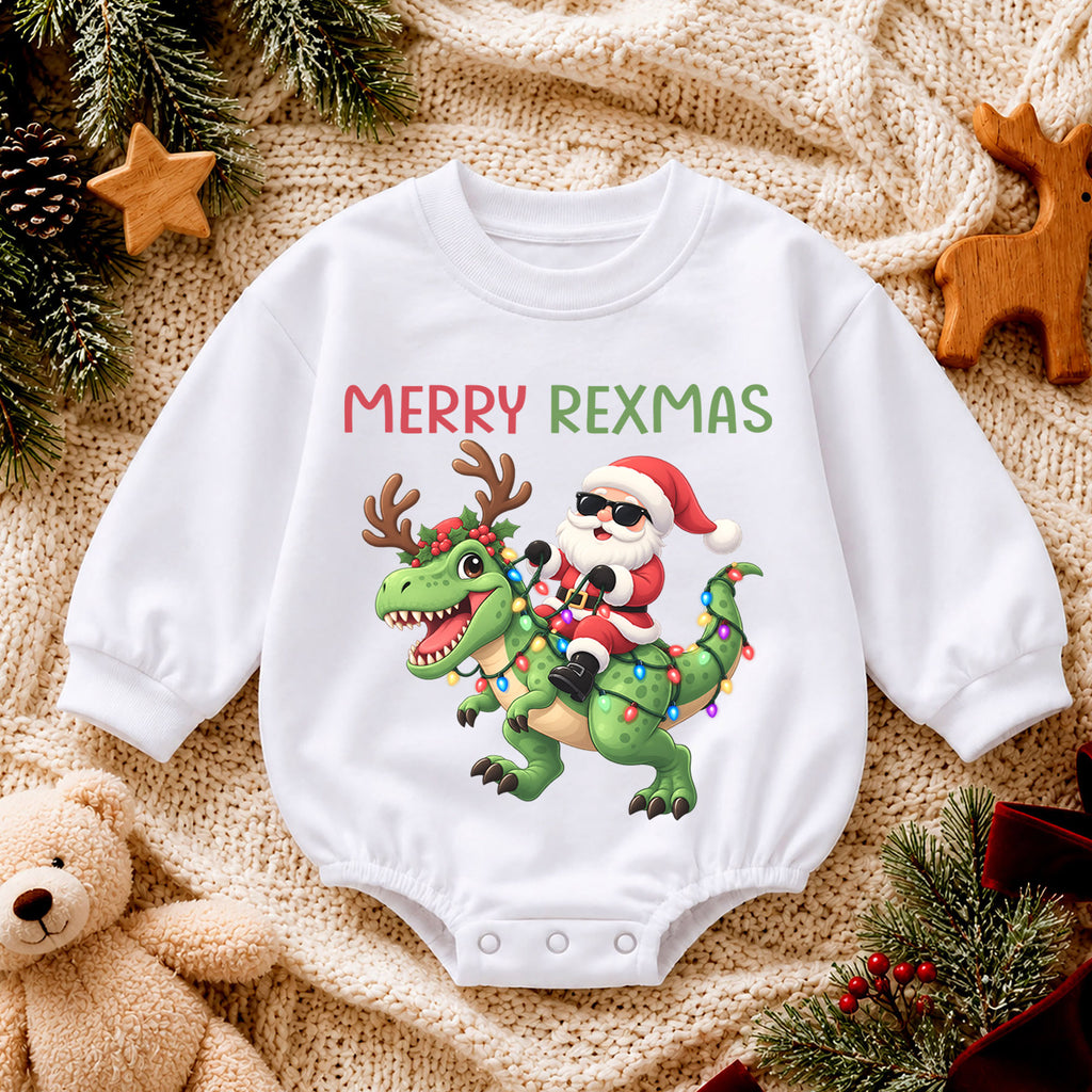 Merry Rexmas Baby Romper, Santa Dinosaur Christmas Outfit, Funny T Rex Holiday Romper, Dinosaur Christmas Baby Gift — product view 4