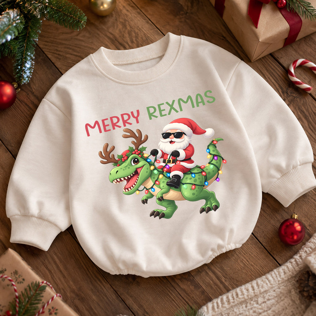 Merry Rexmas Baby Romper, Santa Dinosaur Christmas Outfit, Funny T Rex Holiday Romper, Dinosaur Christmas Baby Gift — product view 5
