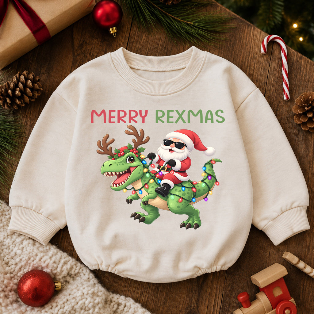 Merry Rexmas Baby Romper, Santa Dinosaur Christmas Outfit, Funny T Rex Holiday Romper, Dinosaur Christmas Baby Gift — product view 6