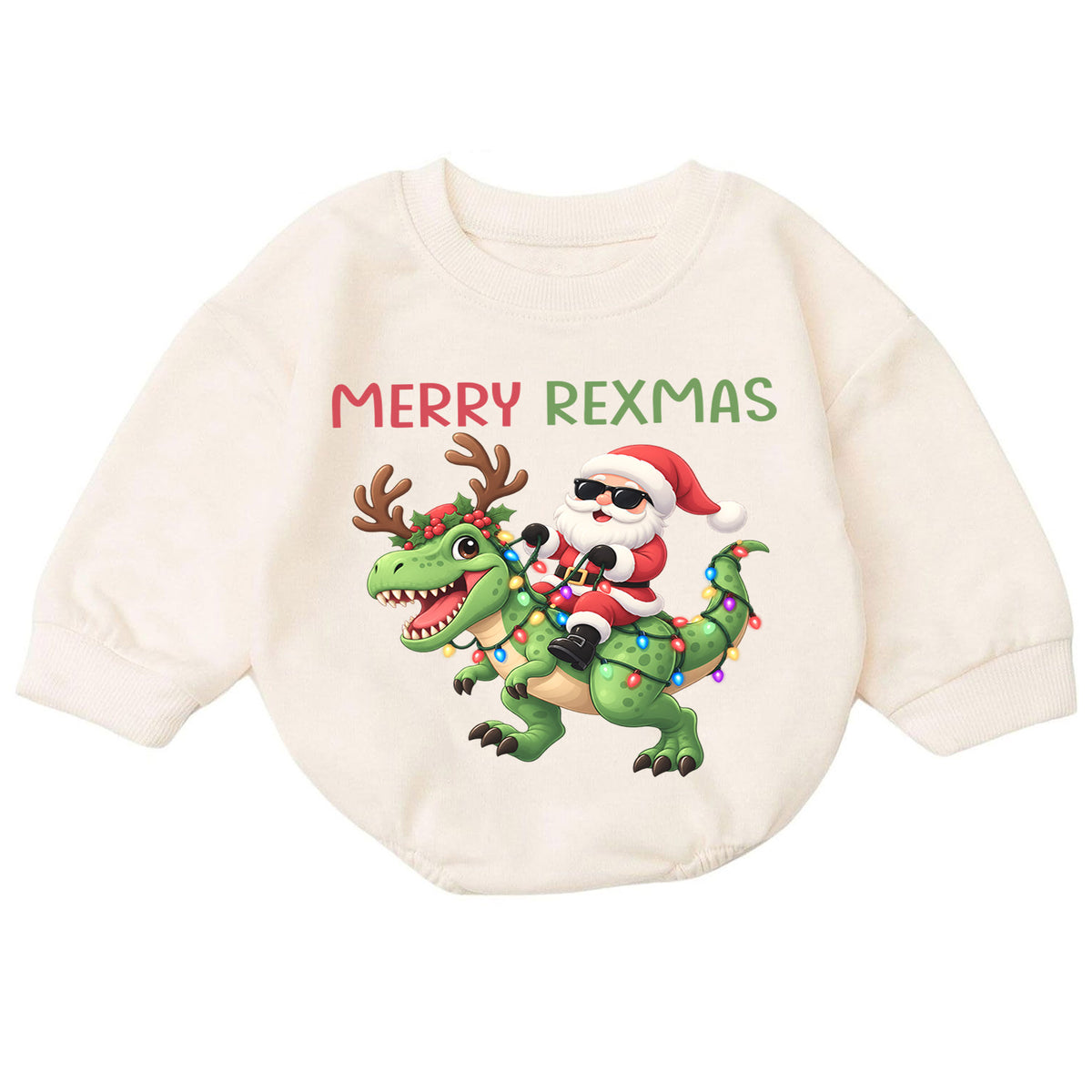 Merry Rexmas Baby Romper, Santa Dinosaur Christmas Outfit, Funny T Rex Holiday Romper, Dinosaur Christmas Baby Gift — product view 7