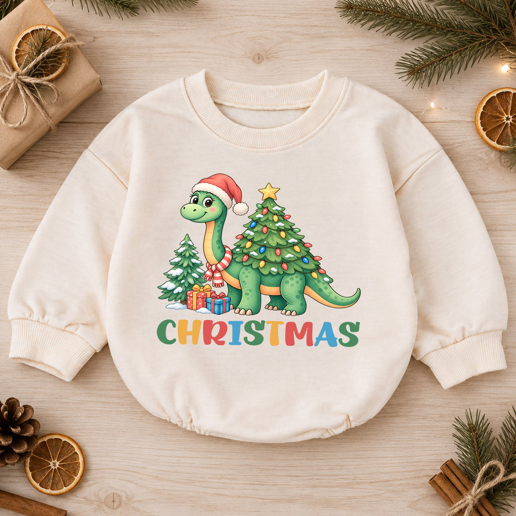 Santa Dinosaur Baby Christmas Outfit, Cute T Rex Holiday Romper, Toddler Christmas Outfit, Baby Xmas Romper, Christmas Baby Gift — product view 1
