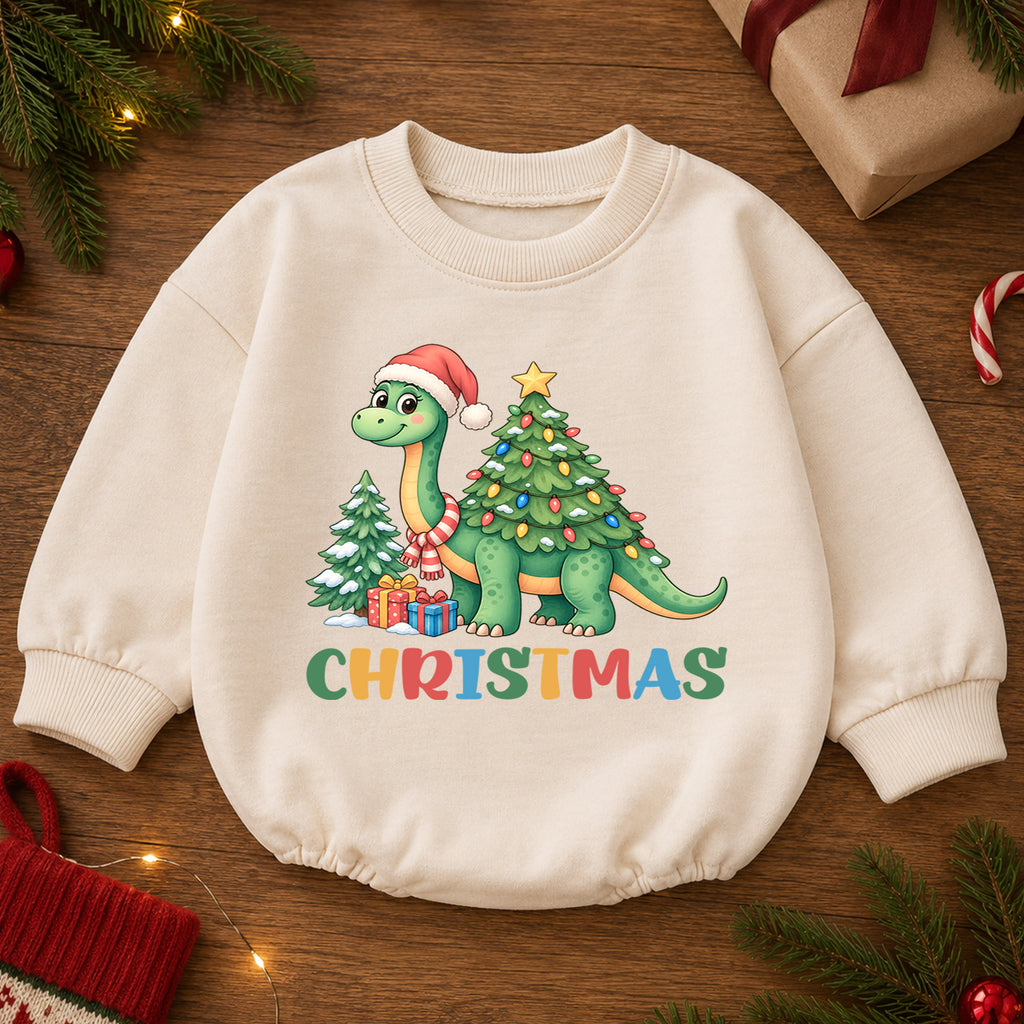Santa Dinosaur Baby Christmas Outfit, Cute T Rex Holiday Romper, Toddler Christmas Outfit, Baby Xmas Romper, Christmas Baby Gift — product view 2
