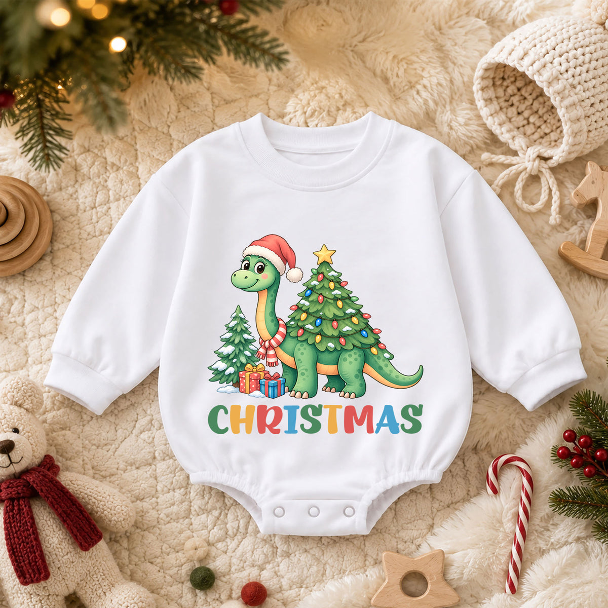 Santa Dinosaur Baby Christmas Outfit, Cute T Rex Holiday Romper, Toddler Christmas Outfit, Baby Xmas Romper, Christmas Baby Gift — product view 3