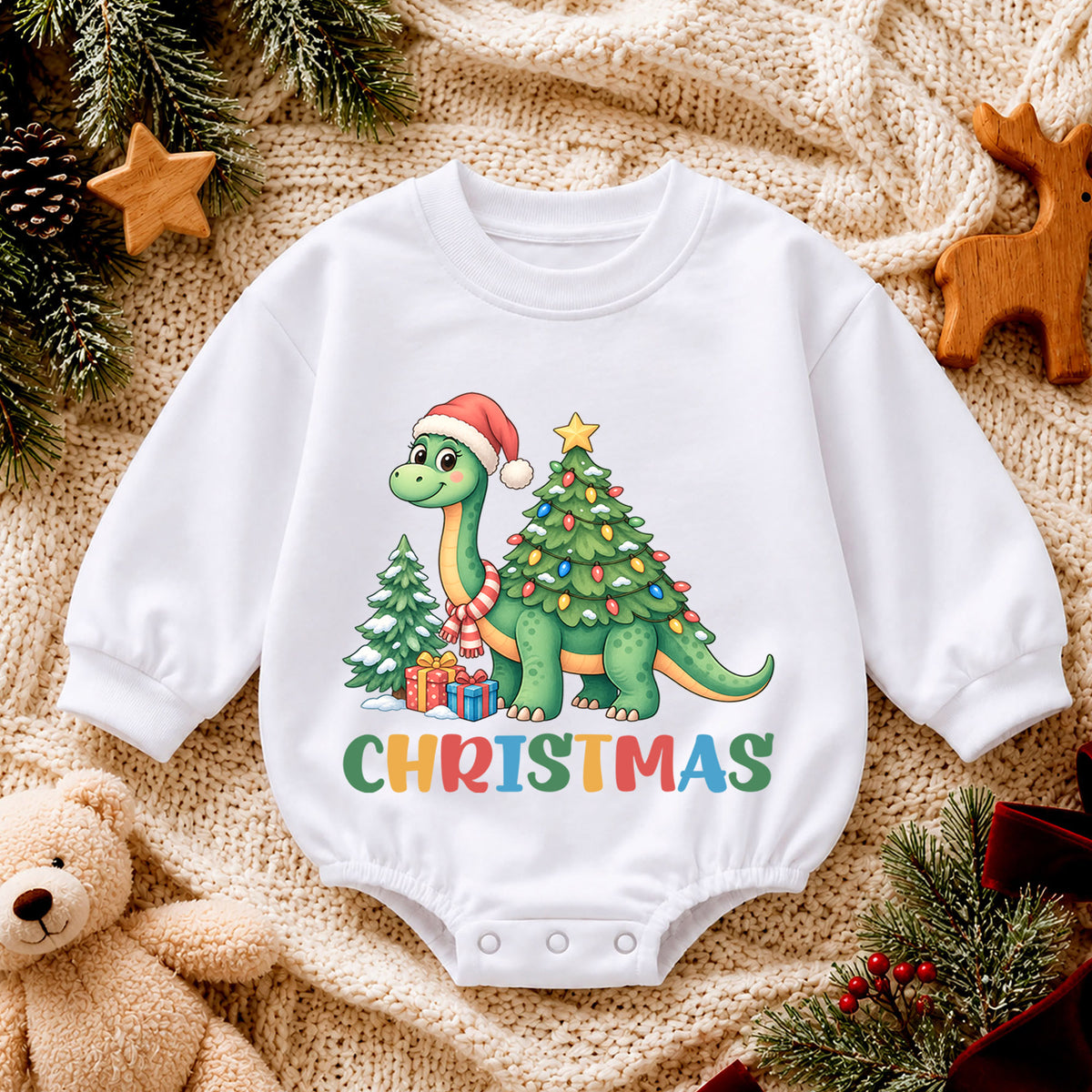 Santa Dinosaur Baby Christmas Outfit, Cute T Rex Holiday Romper, Toddler Christmas Outfit, Baby Xmas Romper, Christmas Baby Gift — product view 4