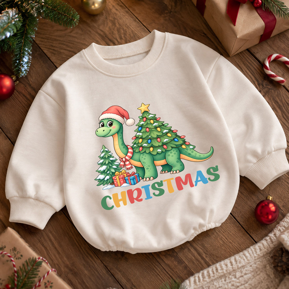 Santa Dinosaur Baby Christmas Outfit, Cute T Rex Holiday Romper, Toddler Christmas Outfit, Baby Xmas Romper, Christmas Baby Gift — product view 5