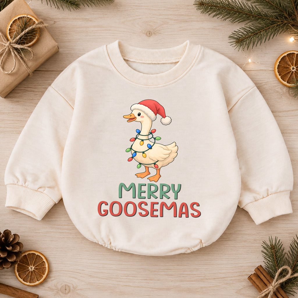 Merry Goosemas Baby Romper, Cute Christmas Goose Lights Outfit, Funny Toddler Holiday Romper, Sweet 1st Christmas Gift for Baby — product view 1