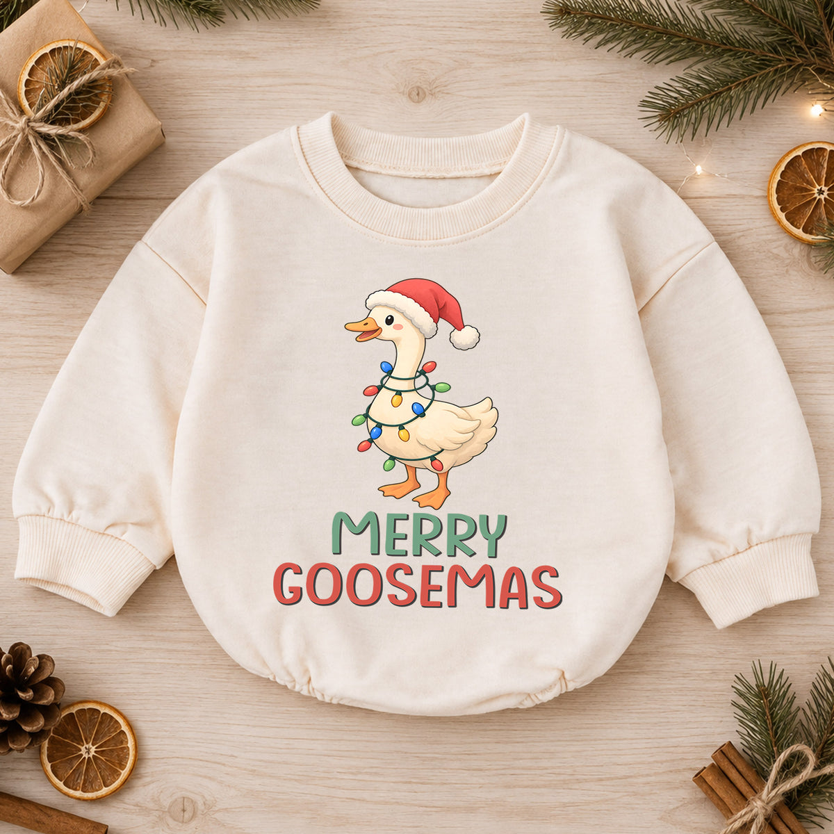 Merry Goosemas Baby Romper, Cute Christmas Goose Lights Outfit, Funny Toddler Holiday Romper, Sweet 1st Christmas Gift for Baby — product view 1