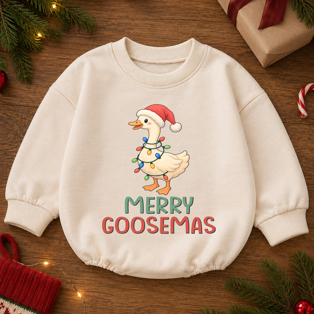 Merry Goosemas Baby Romper, Cute Christmas Goose Lights Outfit, Funny Toddler Holiday Romper, Sweet 1st Christmas Gift for Baby — product view 2