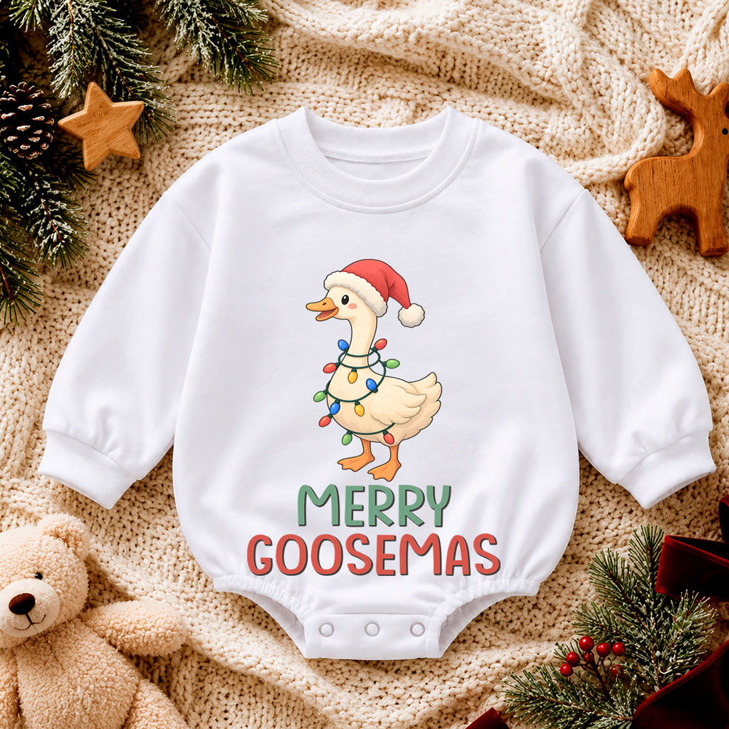 Merry Goosemas Baby Romper, Cute Christmas Goose Lights Outfit, Funny Toddler Holiday Romper, Sweet 1st Christmas Gift for Baby — product view 4