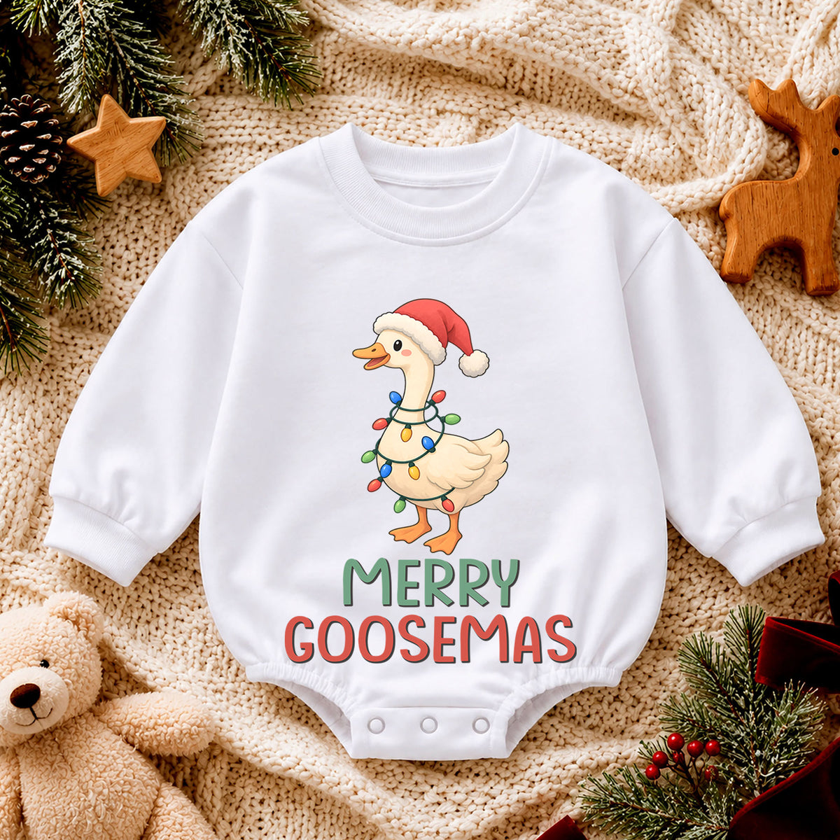 Merry Goosemas Baby Romper, Cute Christmas Goose Lights Outfit, Funny Toddler Holiday Romper, Sweet 1st Christmas Gift for Baby — product view 4