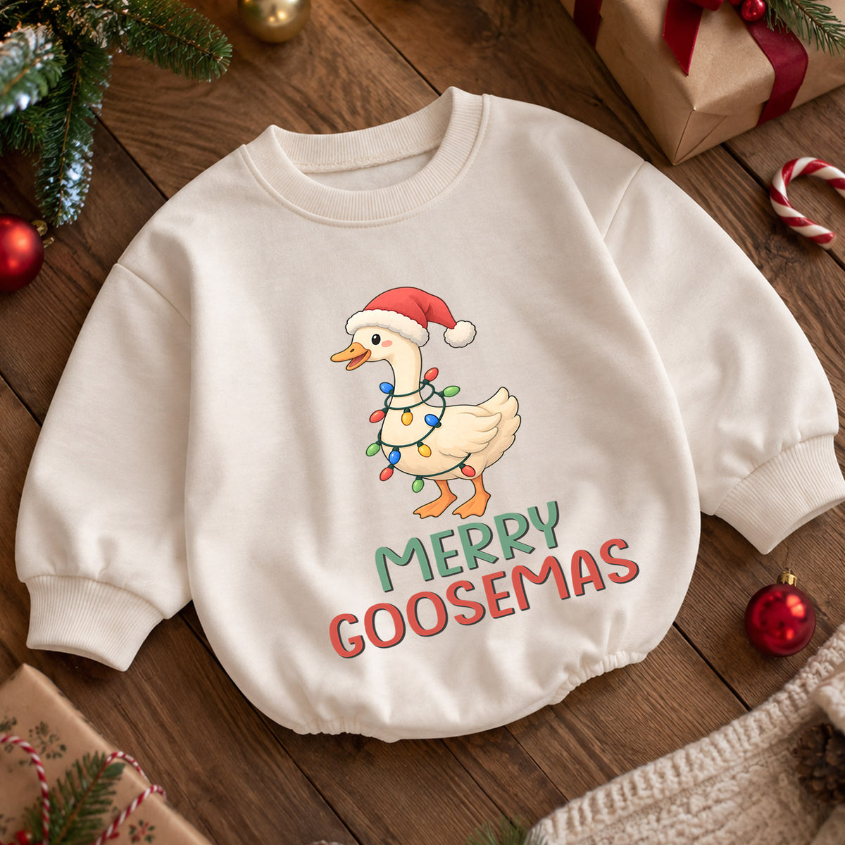 Merry Goosemas Baby Romper, Cute Christmas Goose Lights Outfit, Funny Toddler Holiday Romper, Sweet 1st Christmas Gift for Baby — product view 5