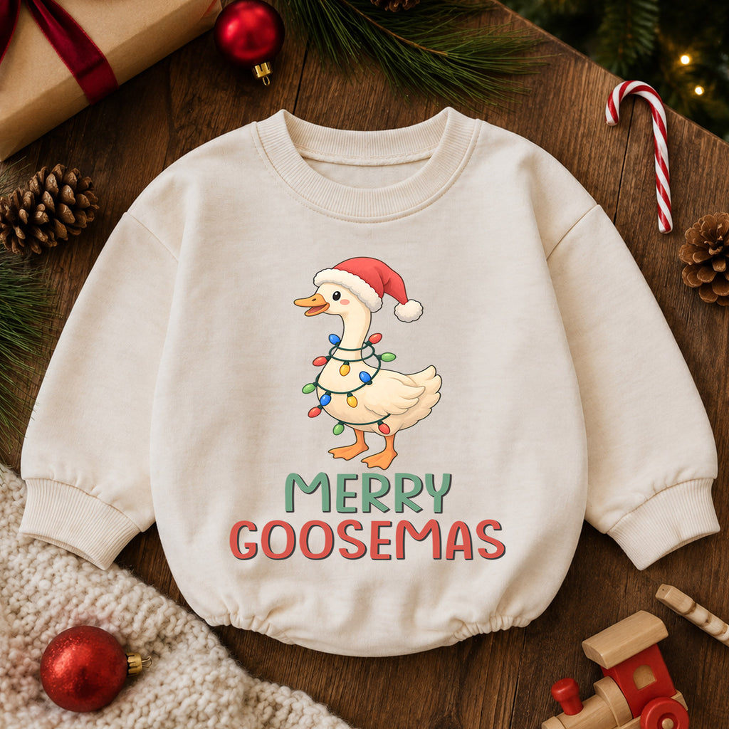 Merry Goosemas Baby Romper, Cute Christmas Goose Lights Outfit, Funny Toddler Holiday Romper, Sweet 1st Christmas Gift for Baby — product view 6