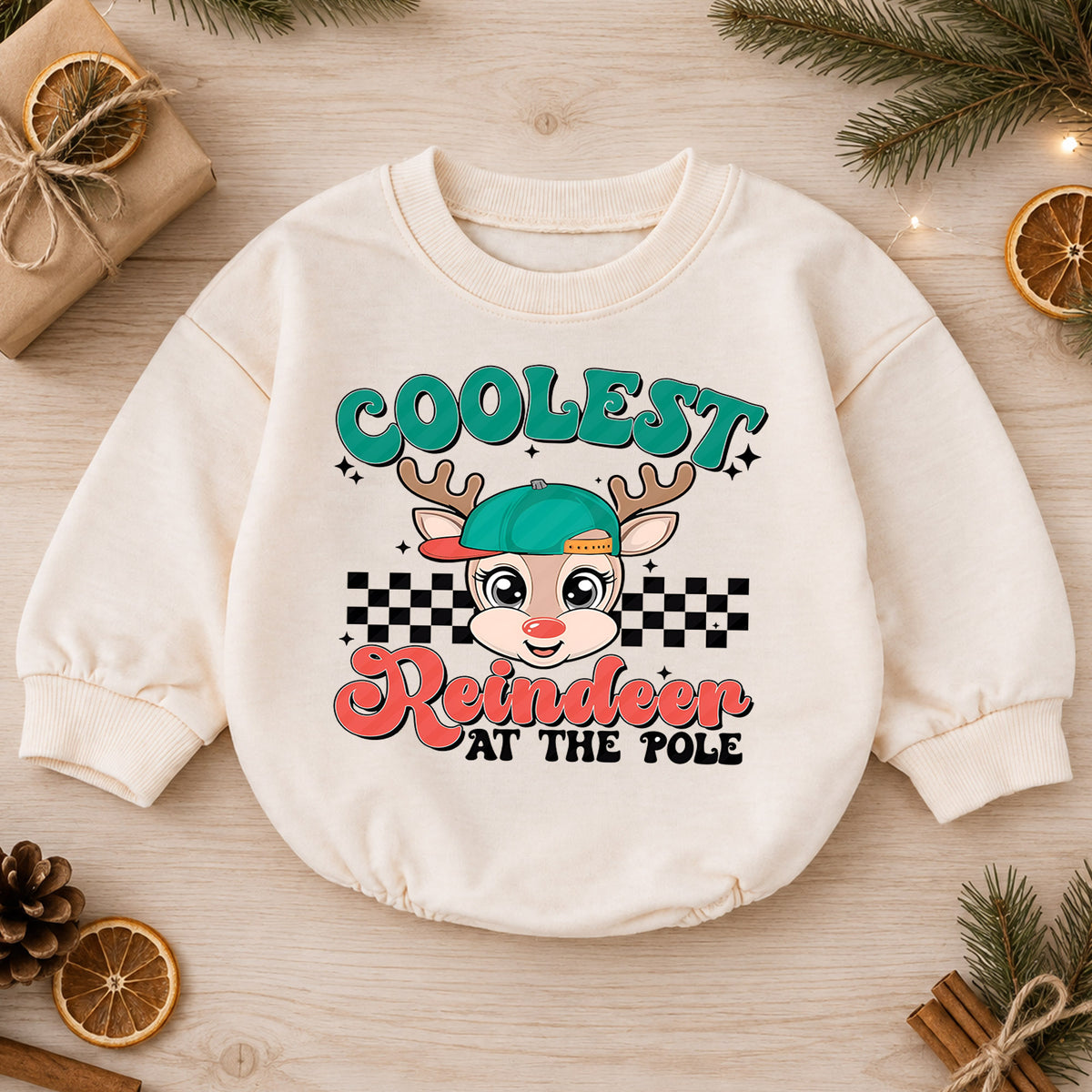 Coolest Reindeer Baby Christmas Outfit, Reindeer Holiday Romper, Toddler Christmas Romper, Cute Xmas Baby Outfit, Holiday Baby Gift — product view 1