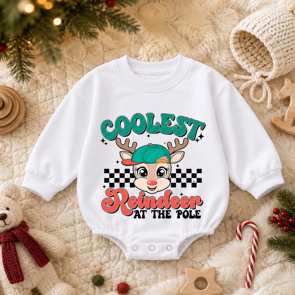 Coolest Reindeer Baby Christmas Outfit, Reindeer Holiday Romper, Toddler Christmas Romper, Cute Xmas Baby Outfit, Holiday Baby Gift — product view 3
