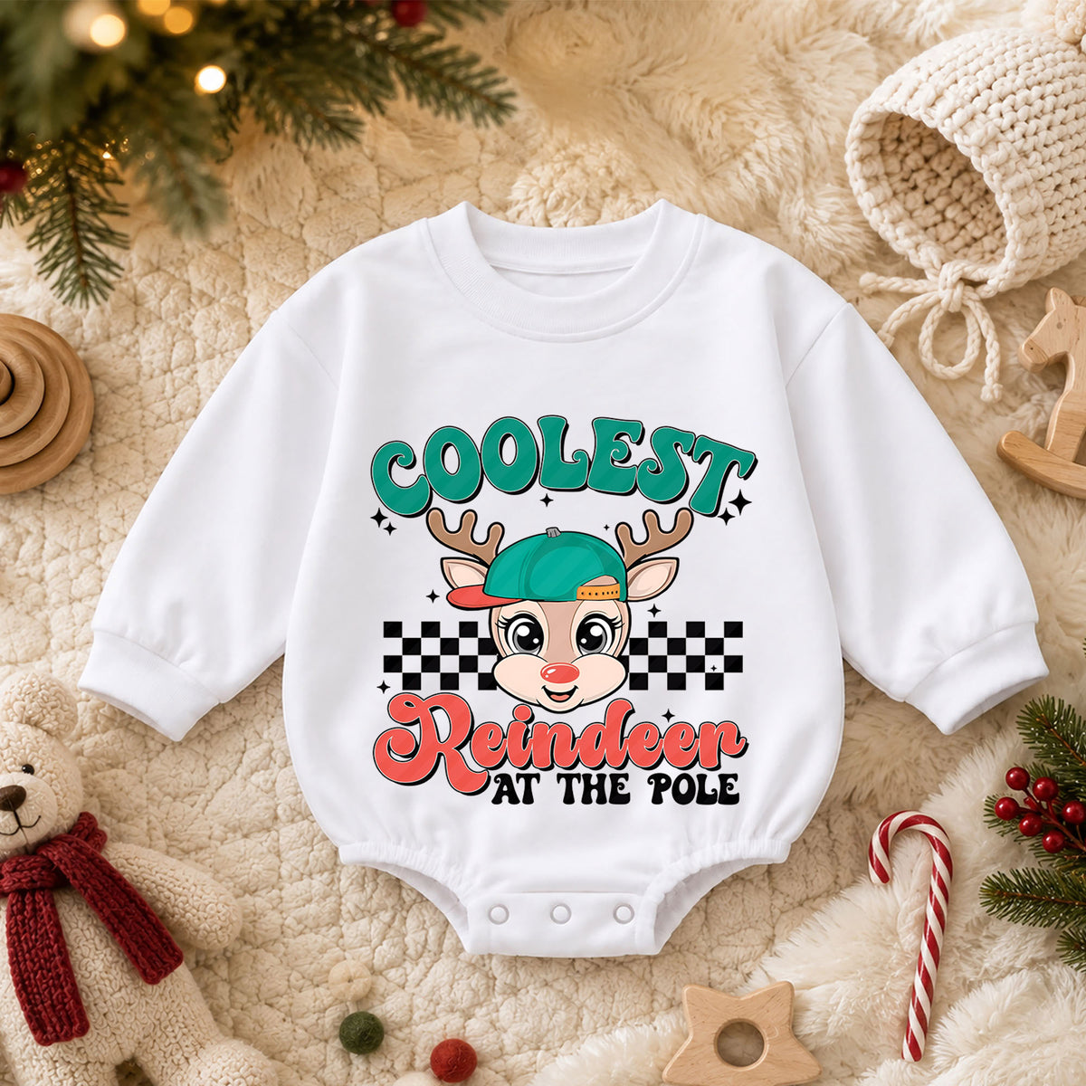 Coolest Reindeer Baby Christmas Outfit, Reindeer Holiday Romper, Toddler Christmas Romper, Cute Xmas Baby Outfit, Holiday Baby Gift — product view 3