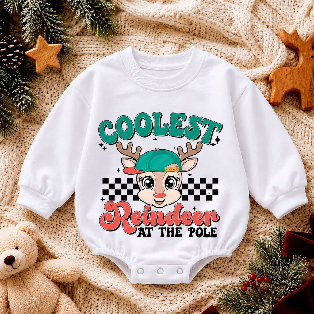 Coolest Reindeer Baby Christmas Outfit, Reindeer Holiday Romper, Toddler Christmas Romper, Cute Xmas Baby Outfit, Holiday Baby Gift — product view 4