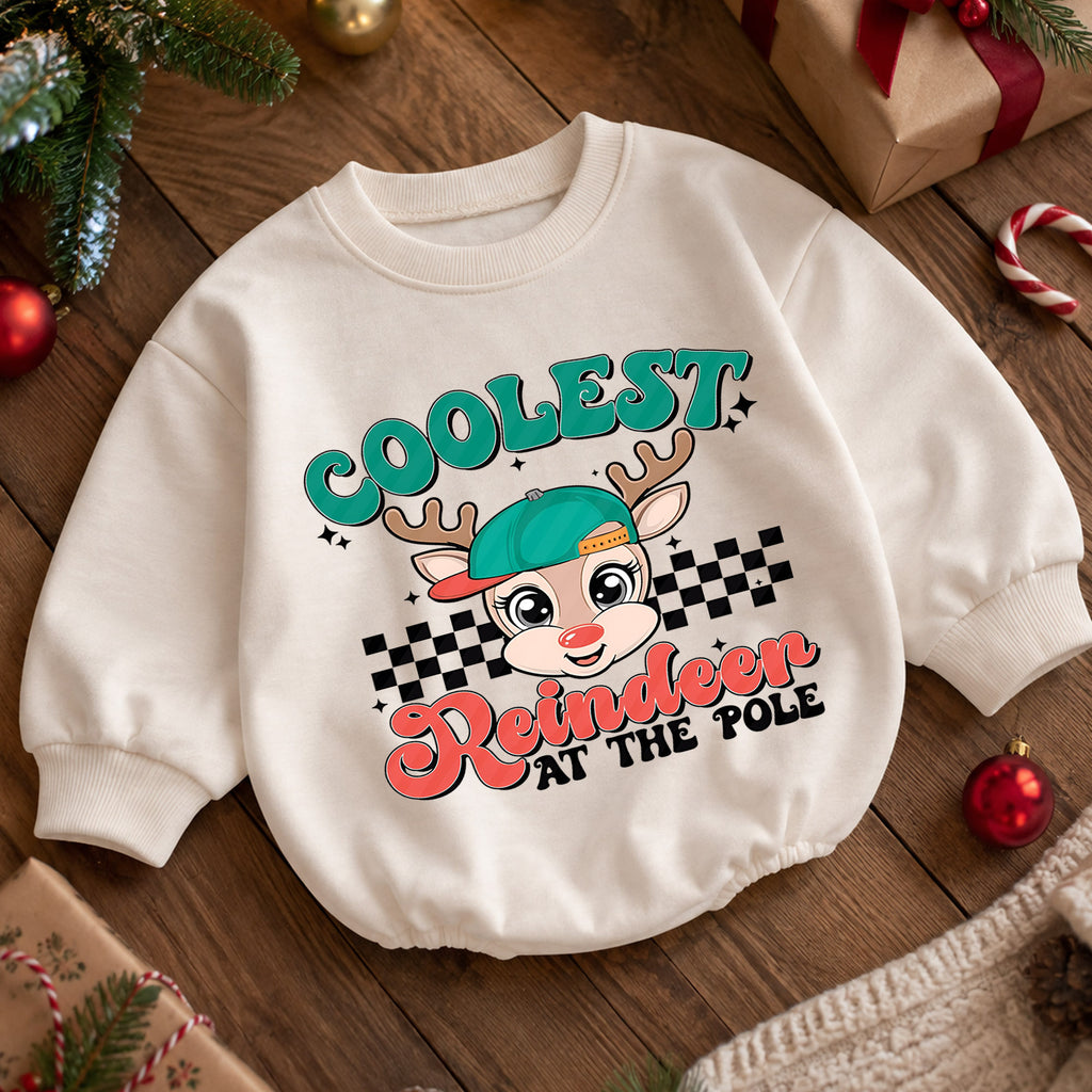 Coolest Reindeer Baby Christmas Outfit, Reindeer Holiday Romper, Toddler Christmas Romper, Cute Xmas Baby Outfit, Holiday Baby Gift — product view 5