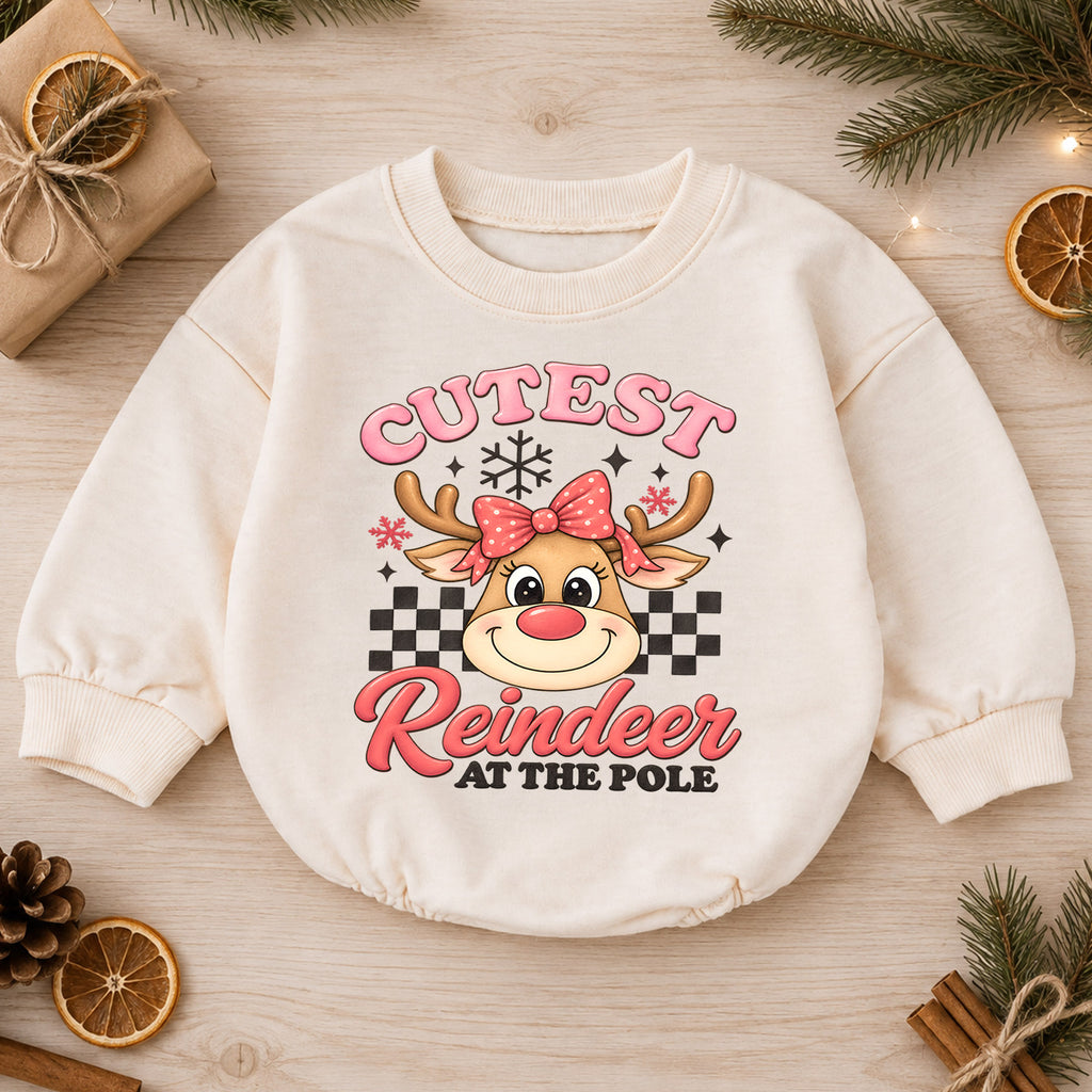 Cutest Reindeer Baby Girl Christmas Outfit, Pink Reindeer Holiday Romper, Toddler Girl Xmas Romper, Christmas Baby Gift — product view 1