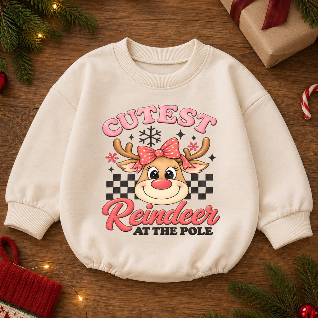 Cutest Reindeer Baby Girl Christmas Outfit, Pink Reindeer Holiday Romper, Toddler Girl Xmas Romper, Christmas Baby Gift — product view 2