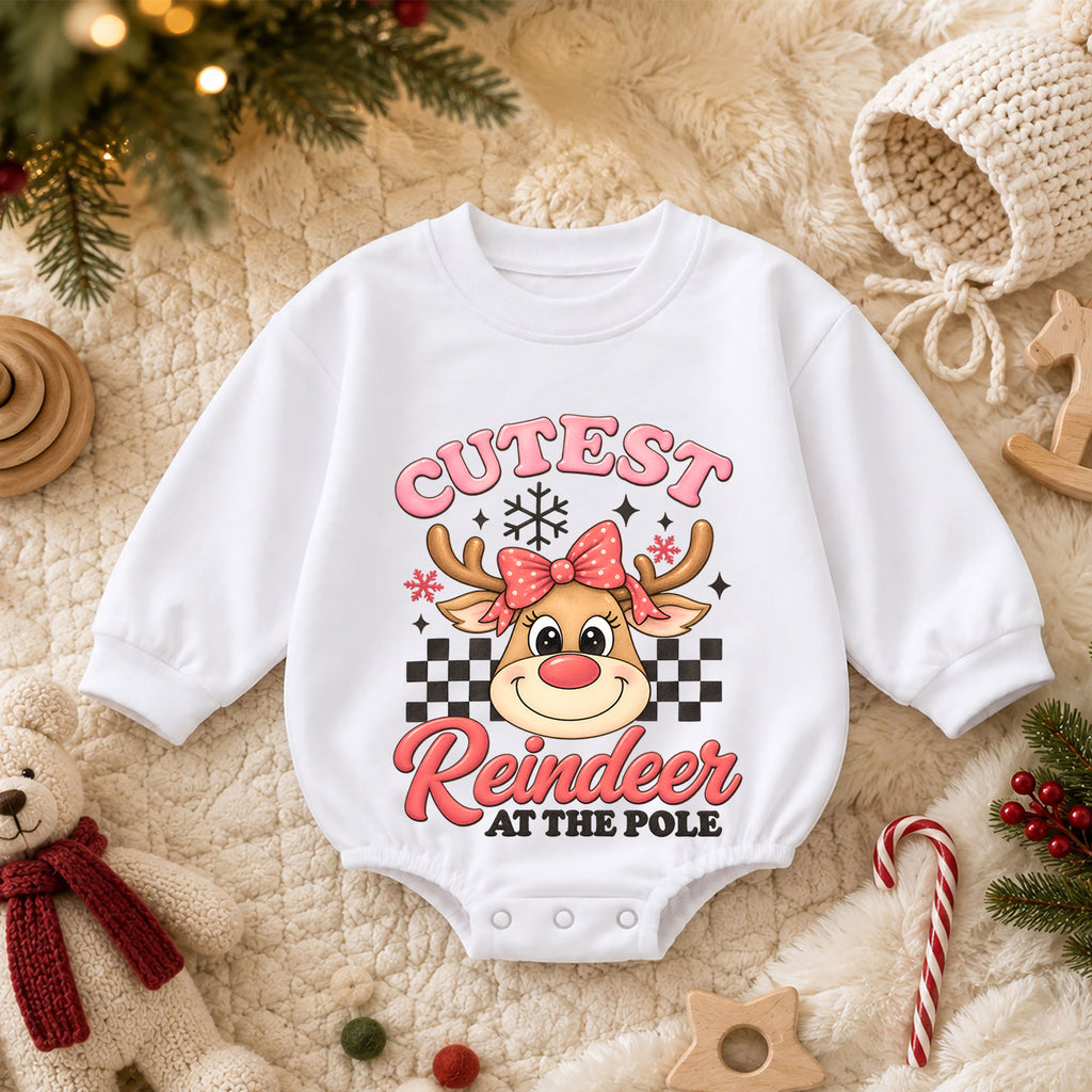 Cutest Reindeer Baby Girl Christmas Outfit, Pink Reindeer Holiday Romper, Toddler Girl Xmas Romper, Christmas Baby Gift — product view 3