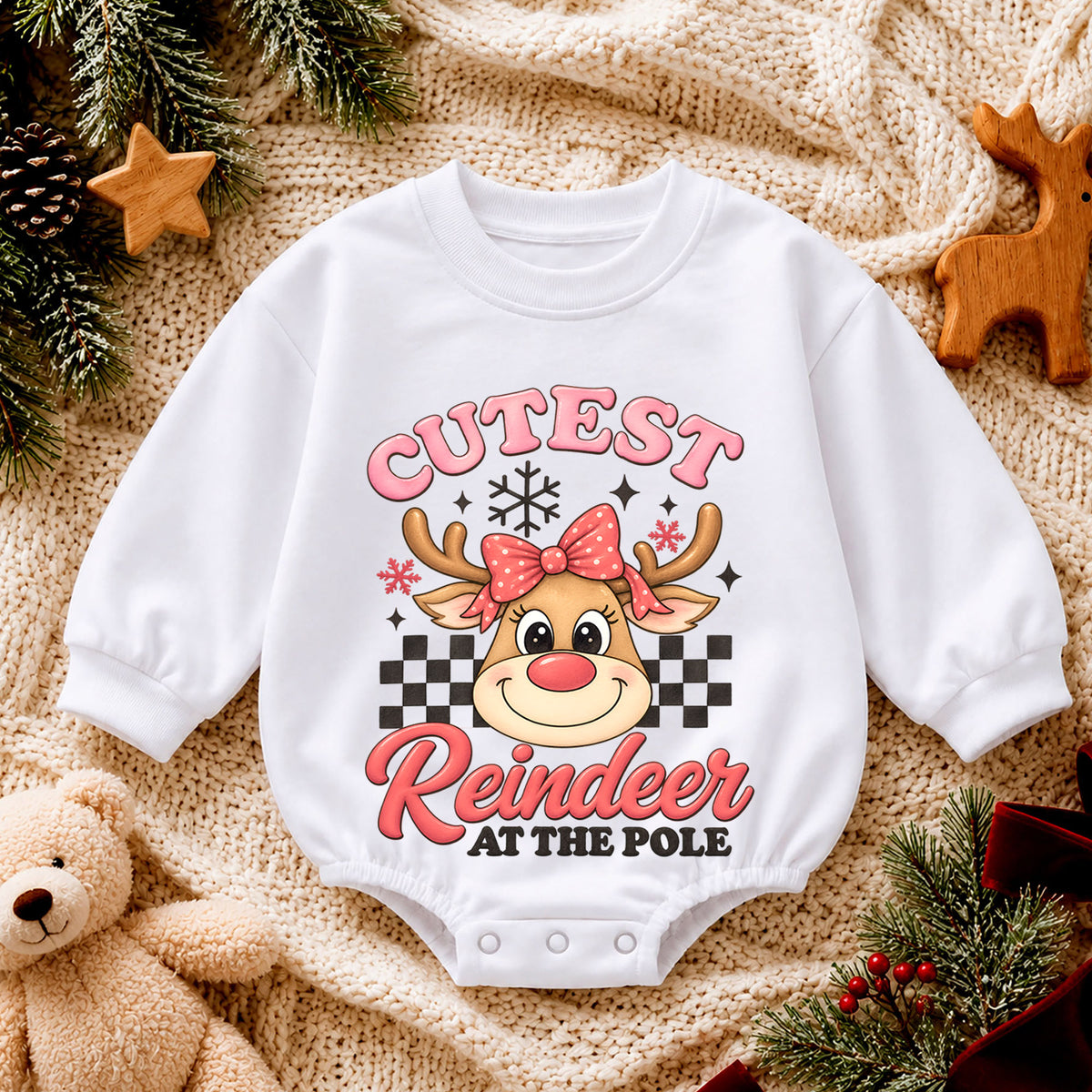 Cutest Reindeer Baby Girl Christmas Outfit, Pink Reindeer Holiday Romper, Toddler Girl Xmas Romper, Christmas Baby Gift — product view 4