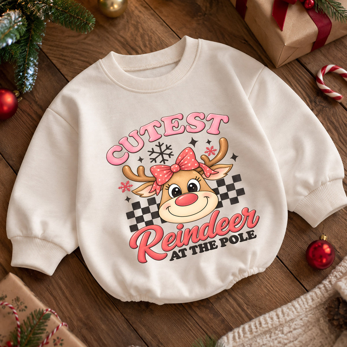 Cutest Reindeer Baby Girl Christmas Outfit, Pink Reindeer Holiday Romper, Toddler Girl Xmas Romper, Christmas Baby Gift — product view 5