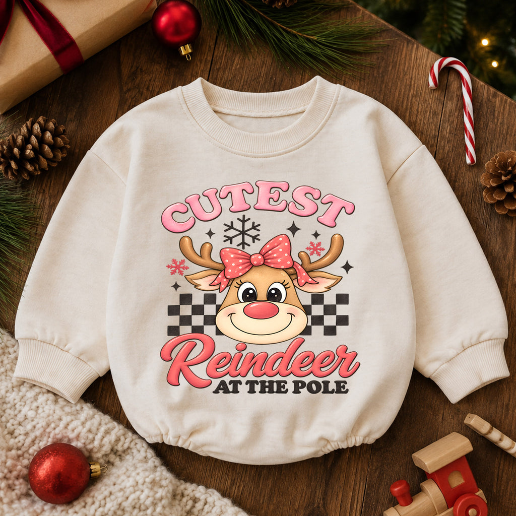 Cutest Reindeer Baby Girl Christmas Outfit, Pink Reindeer Holiday Romper, Toddler Girl Xmas Romper, Christmas Baby Gift — product view 6