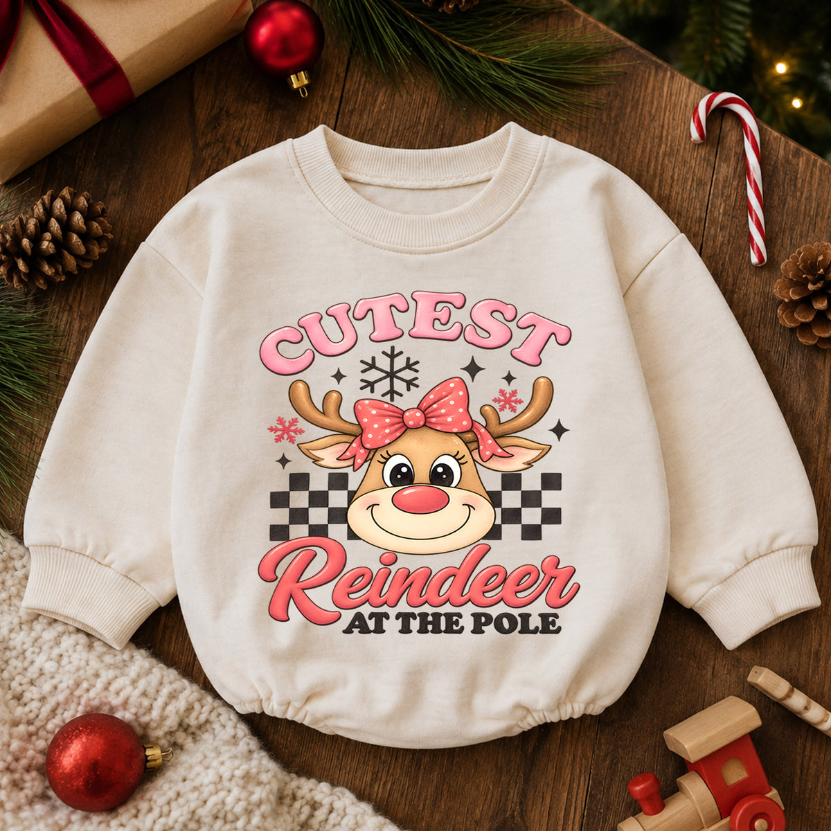 Cutest Reindeer Baby Girl Christmas Outfit, Pink Reindeer Holiday Romper, Toddler Girl Xmas Romper, Christmas Baby Gift — product view 6