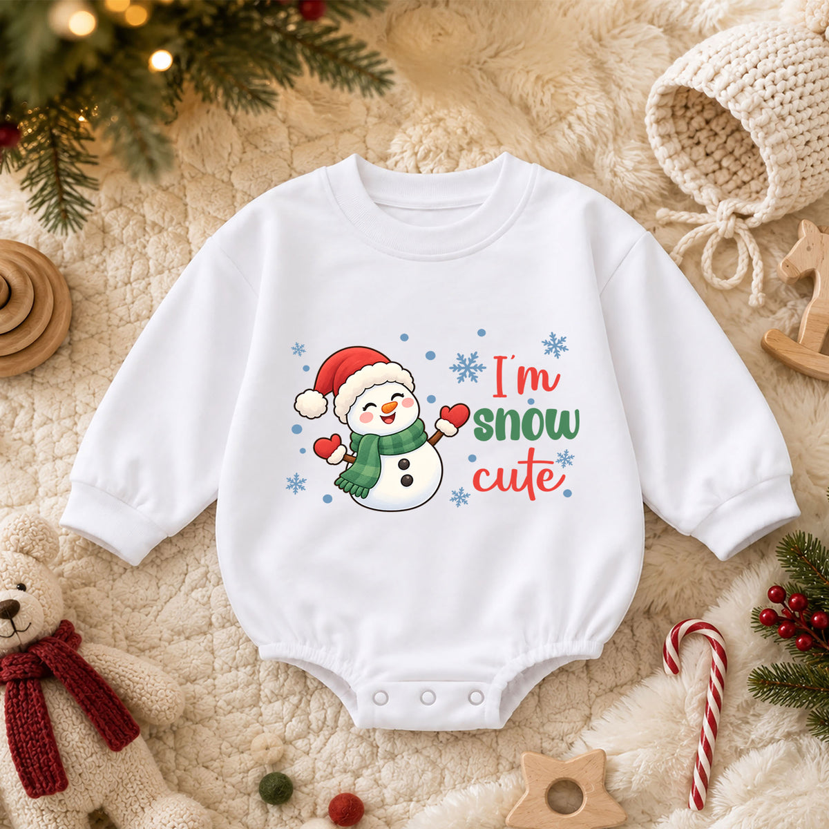 Im Snow Cute Baby Christmas Outfit, Cute Snowman Santa Hat Romper, Toddler Xmas Romper, Holiday Baby Outfit, Christmas Gift — product view 3