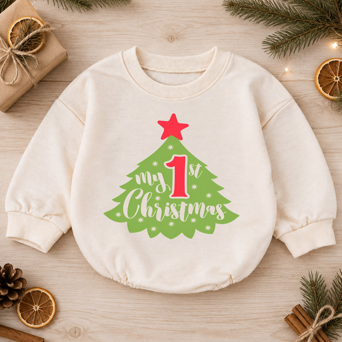 My First Christmas Baby Outfit, 1st Christmas Tree Romper, Baby First Christmas Romper, Infant Holiday Outfit, Xmas Baby Gift — product view 1