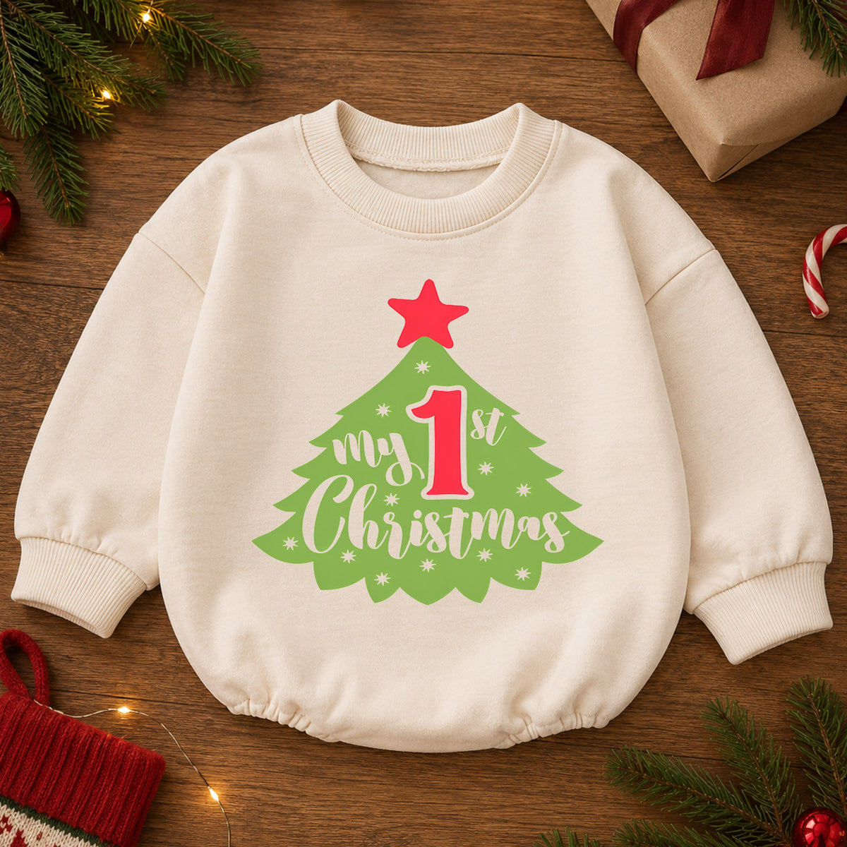 My First Christmas Baby Outfit, 1st Christmas Tree Romper, Baby First Christmas Romper, Infant Holiday Outfit, Xmas Baby Gift — product view 2