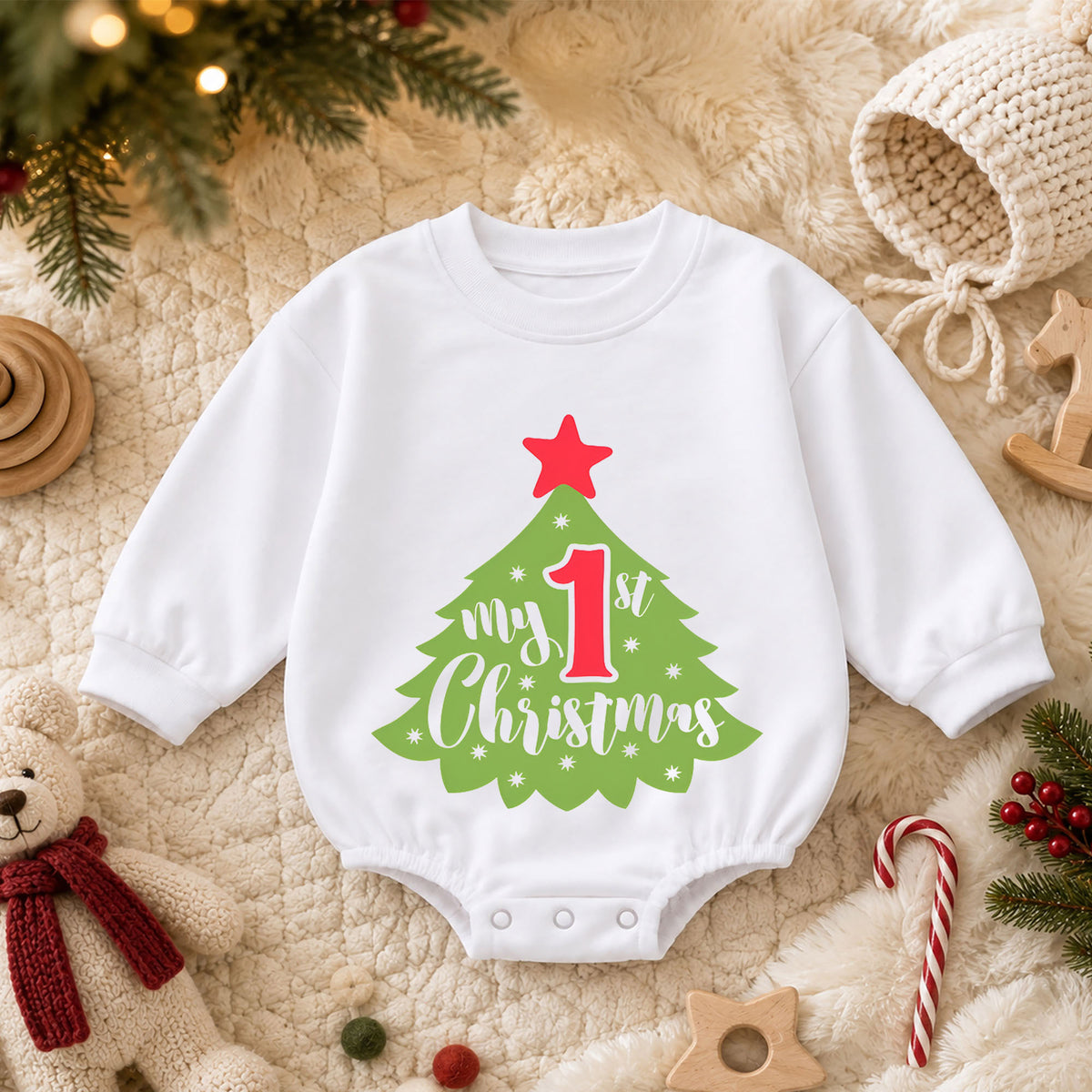 My First Christmas Baby Outfit, 1st Christmas Tree Romper, Baby First Christmas Romper, Infant Holiday Outfit, Xmas Baby Gift — product view 3
