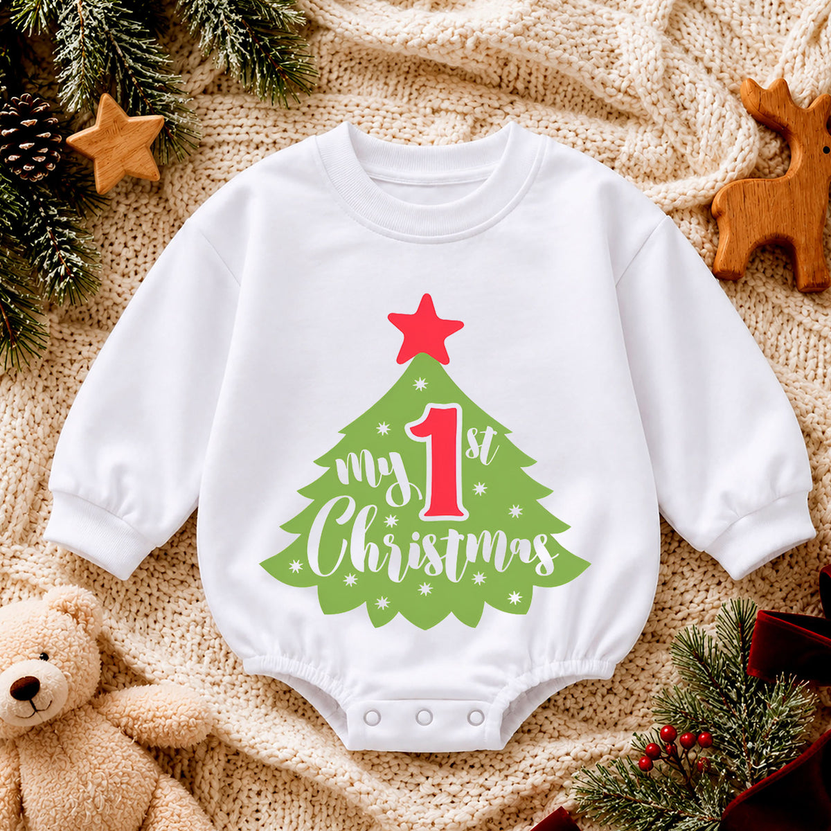 My First Christmas Baby Outfit, 1st Christmas Tree Romper, Baby First Christmas Romper, Infant Holiday Outfit, Xmas Baby Gift — product view 4