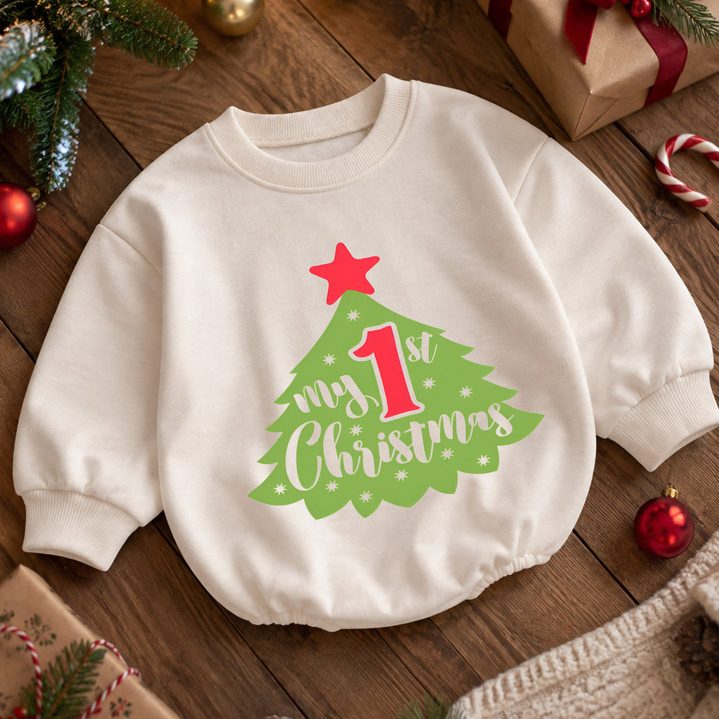 My First Christmas Baby Outfit, 1st Christmas Tree Romper, Baby First Christmas Romper, Infant Holiday Outfit, Xmas Baby Gift — product view 5